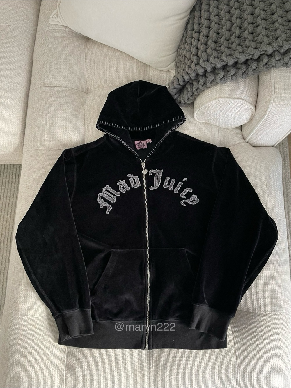 Mad Happy x Juicy Couture Velour Zip Up Black Grey Distressed Appliqué Spellout